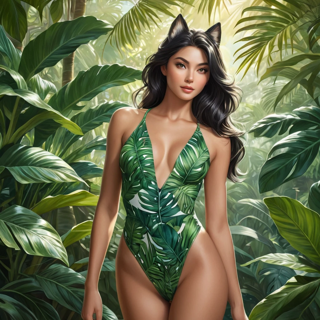 Ahri, depicted in a lush, tropical paradise, wearing a revealing, leaf-patterned bodysuit, her skin kissed by sunlight, her eyes sparkling with mischief, exuding natural and sensual charm.