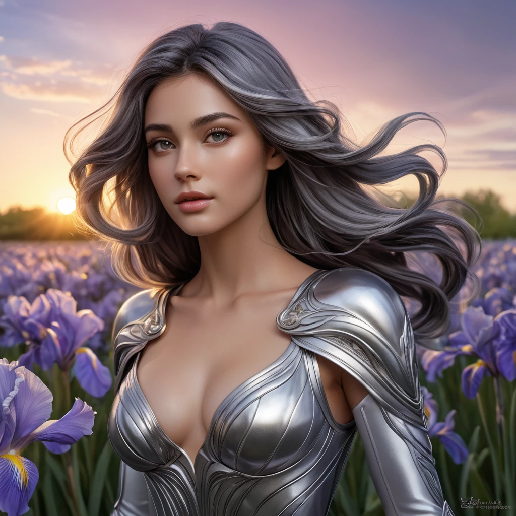 A stunning Irelia, with her hair flowing like liquid silver under a twilight sky, standing amidst a field of luminescent irises that glow with a soft, otherworldly light, emphasizing her ethereal beauty.