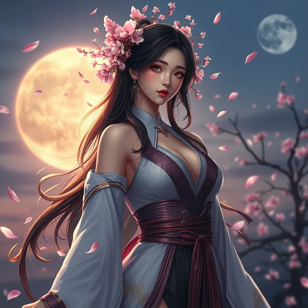 An ethereal Akali, surrounded by a halo of cherry blossom petals, her outfit a blend of traditional and modern styles, set against a twilight sky with a full moon.