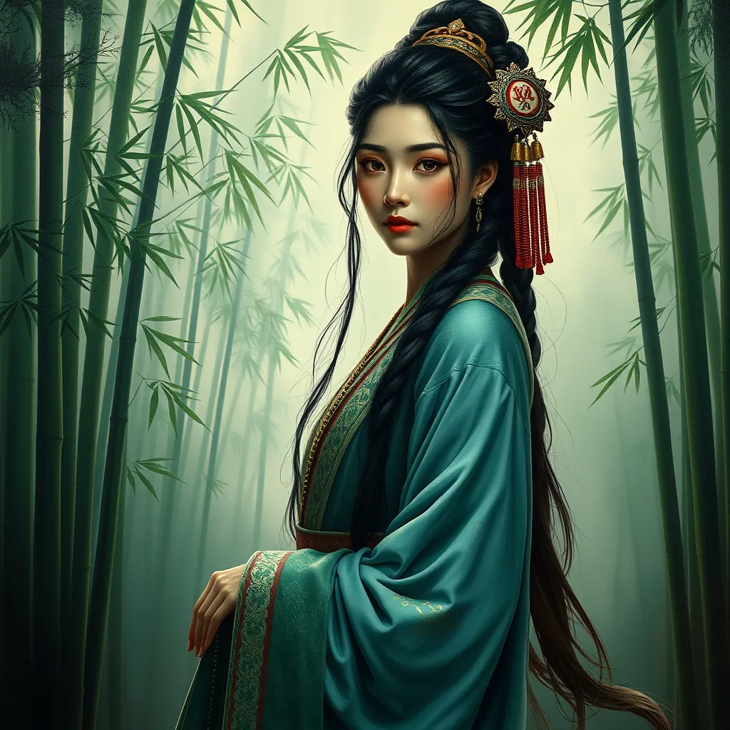 A stunning Akali, rendered in the style of a classic oil painting, with intricate details highlighting her traditional attire and the serene backdrop of a misty bamboo forest.