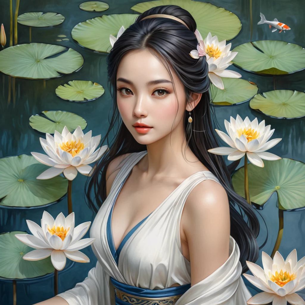 Irelia, depicted in a breathtakingly detailed watercolor painting, her form gracefully poised atop a serene lotus pond, with delicate water lilies and koi fish adding a touch of tranquility to her majestic presence.