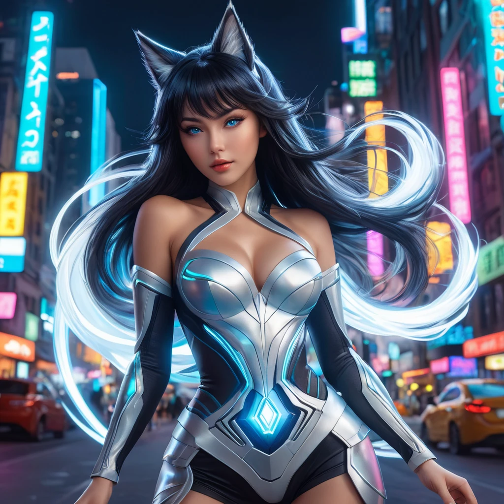 Ahri, styled in a futuristic, holographic outfit, her form dynamically posed against a backdrop of a bustling, neon-lit city at night, her eyes glowing with a captivating, otherworldly light, showcasing her dynamic and alluring persona.