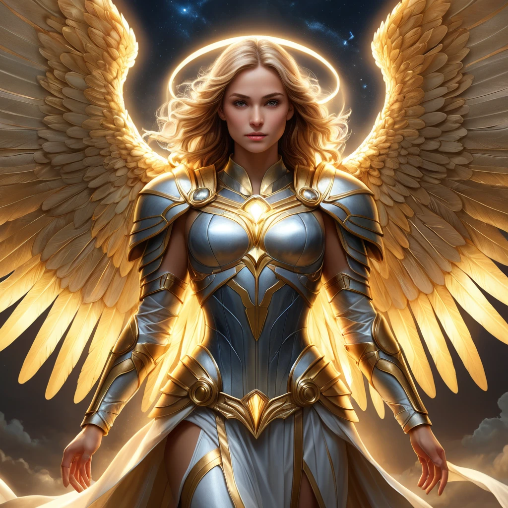 A stunning portrait of Kayle, the archangel of justice, rendered in a hyper-realistic style with intricate details, glowing wings, and a radiant halo, set against a backdrop of a celestial battlefield bathed in golden light.