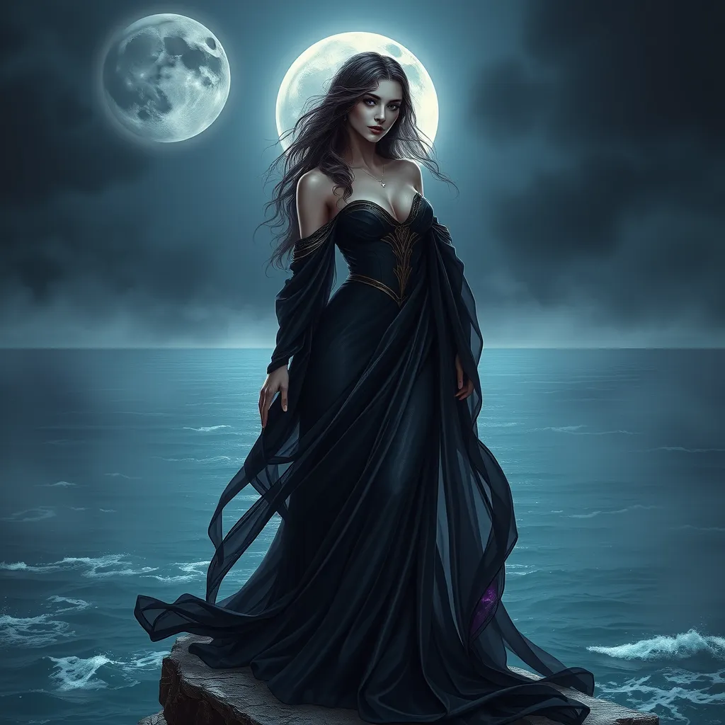 An ethereal Morgana, her form cloaked in a flowing, midnight-black gown that shimmers with hints of deep purple, stands atop a cliff overlooking a moonlit sea, her hair cascading like a river of night, rendered in a hyper-realistic style.