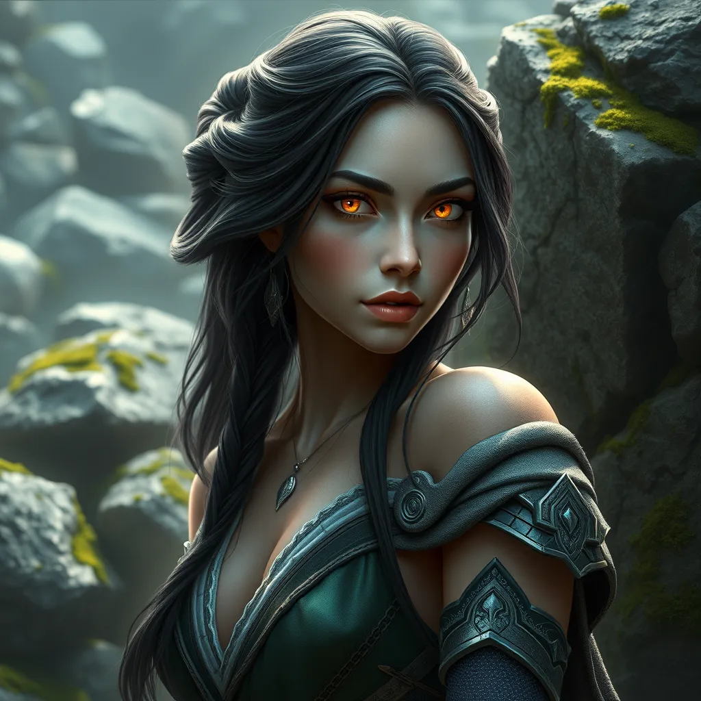 An ultra-realistic digital portrait of Irelia, her eyes shimmering with an inner fire, set against a backdrop of ancient, moss-covered stones, symbolizing her connection to the earth and resilience.