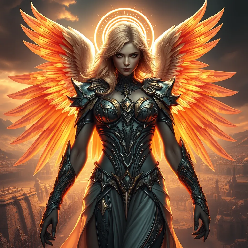 A stunning portrait of Kayle, the archangel of justice, rendered in a hyper-realistic style with intricate details, glowing wings, and a radiant halo, set against a backdrop of a celestial battlefield bathed in golden light.