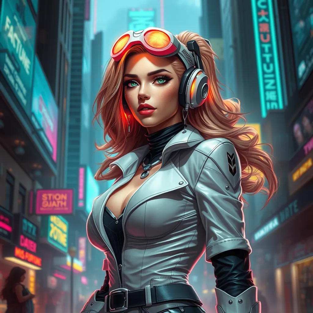 Miss Fortune in a futuristic, cyberpunk cityscape, neon lights reflecting off her cybernetic enhancements, her classic attire fused with high-tech elements, emphasizing her as a symbol of strength and adaptability in a changing world.