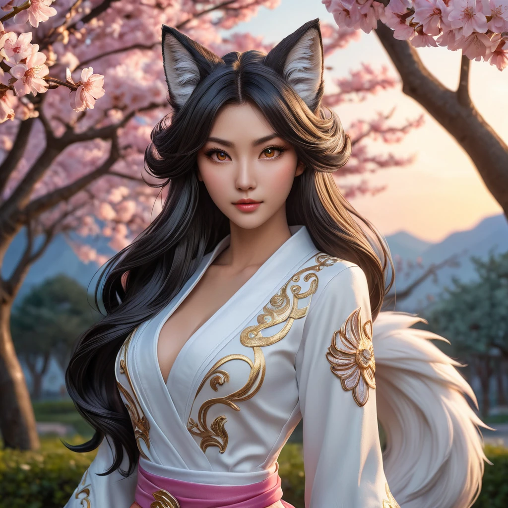 A stunning Ahri, the Nine-Tailed Fox, rendered in a hyper-realistic style with intricate fur details and vibrant, glowing eyes, standing amidst a serene cherry blossom grove under a twilight sky.