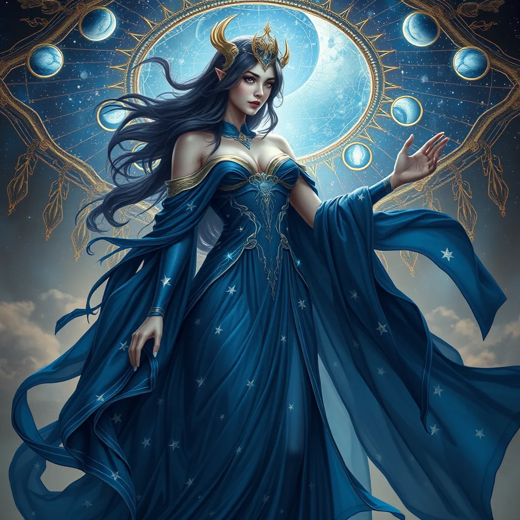 An enchanting Ahri, her form draped in a flowing, ethereal gown of midnight blue, adorned with stars and moons, standing beneath a celestial canopy, her eyes reflecting the cosmos, embodying cosmic allure.