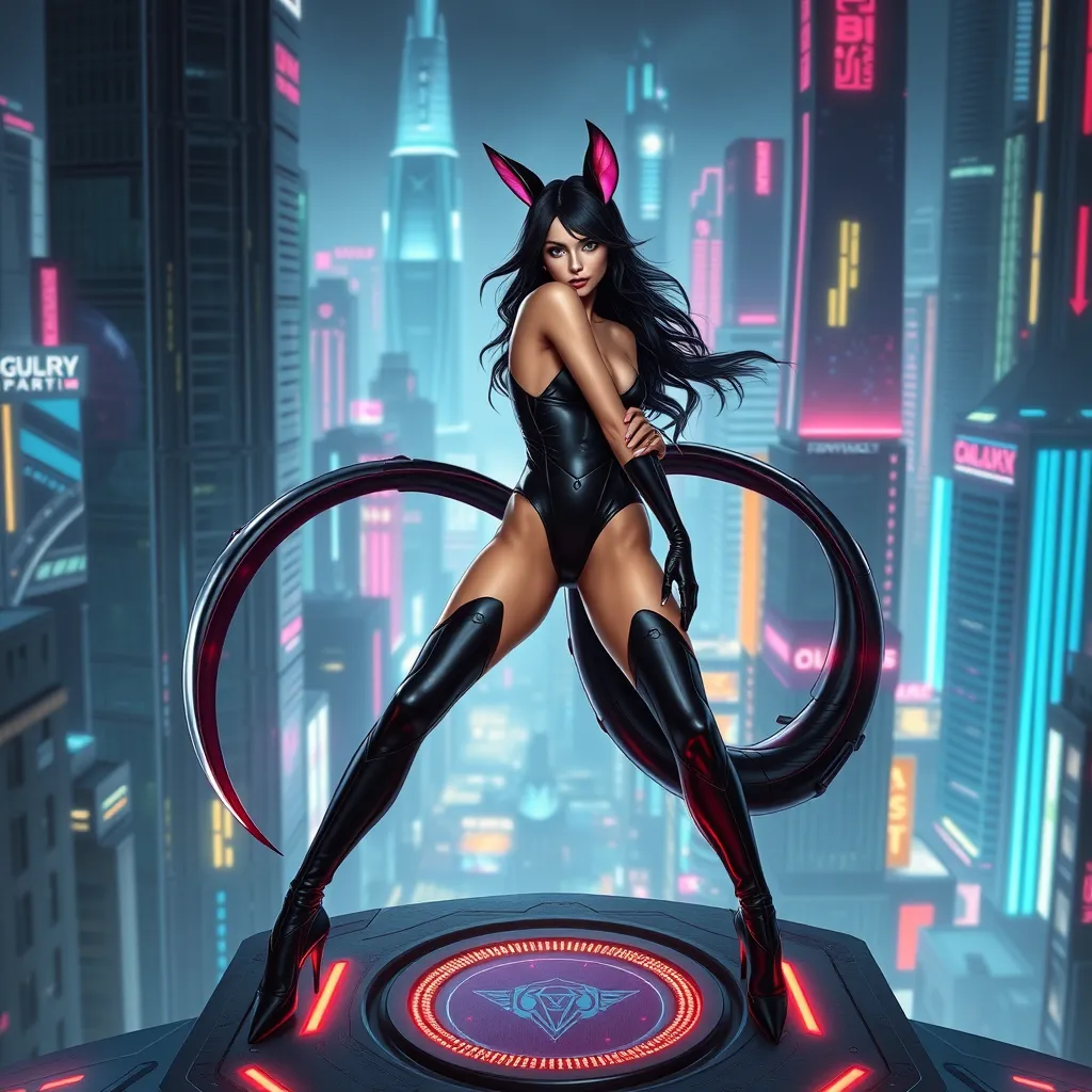 Ahri, dressed in a seductive black leather bodysuit, her tails flowing elegantly behind her, posed atop a high-tech, neon-lit platform in a futuristic cityscape, capturing her dominance and elegance.