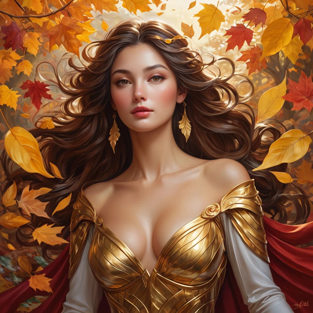 Irelia in a surrealistic scene, surrounded by a whirlwind of autumn leaves, each leaf painted in vivid hues of gold and crimson, her figure almost translucent, blending seamlessly with the natural elements.