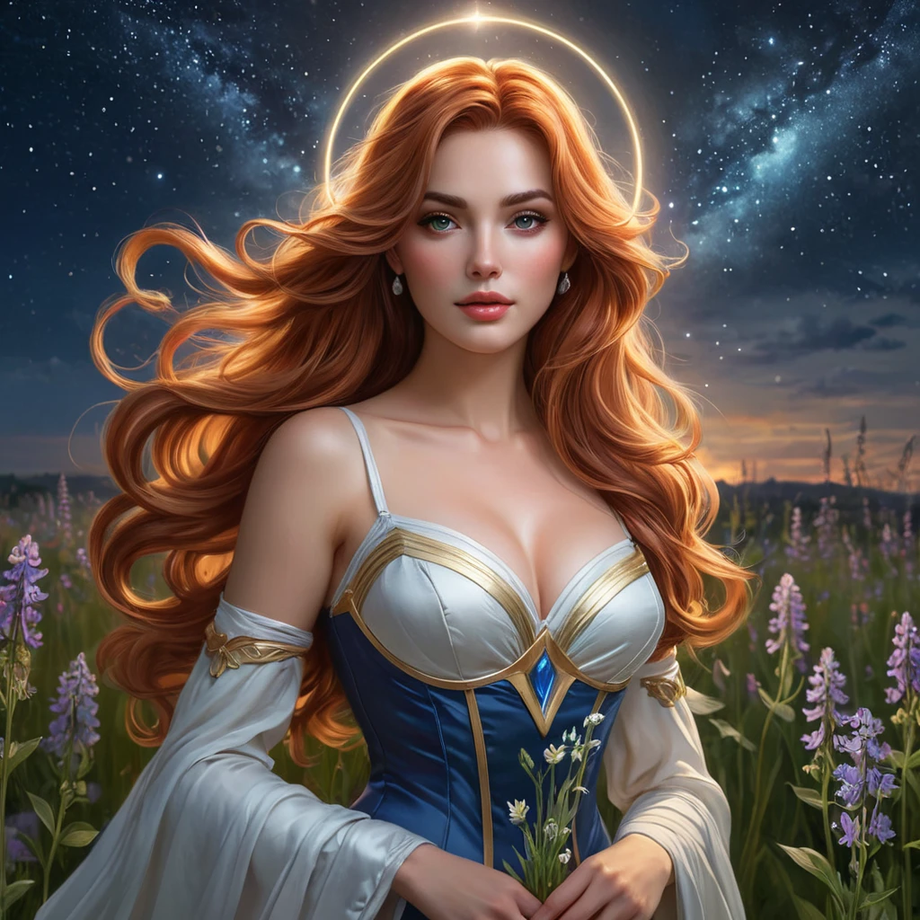 An ethereal Miss Fortune, surrounded by a halo of soft, glowing light, standing amidst a field of wildflowers under a starry night sky, her expressions softened, showcasing a rare moment of tranquility and beauty.