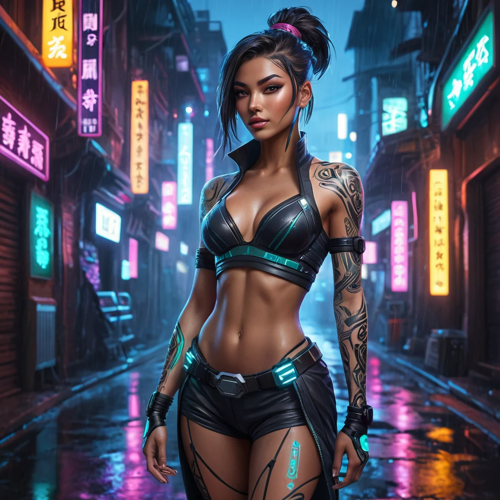 Akali in a futuristic cyberpunk setting, her body adorned with neon tattoos glowing against the dark alley backdrop, with rain-soaked streets reflecting the city lights.