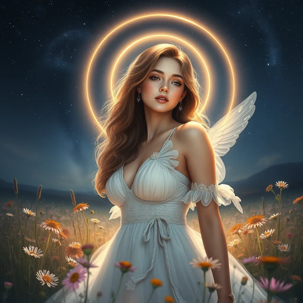 An ethereal Miss Fortune, surrounded by a halo of soft, glowing light, standing amidst a field of wildflowers under a starry night sky, her expressions softened, showcasing a rare moment of tranquility and beauty.