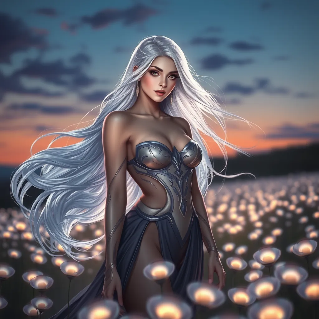 A stunning Irelia, with her hair flowing like liquid silver under a twilight sky, standing amidst a field of luminescent irises that glow with a soft, otherworldly light, emphasizing her ethereal beauty.