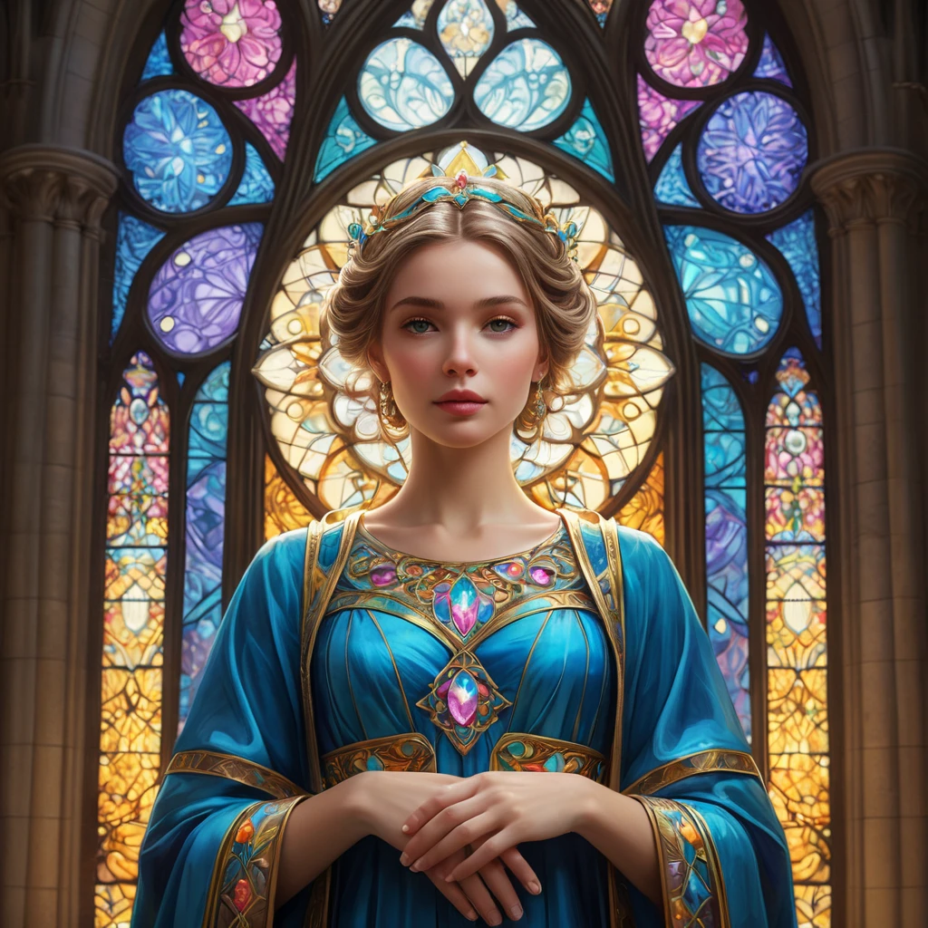 A vision of Seraphine in a grand cathedral, where stained glass windows cast a kaleidoscope of colors upon her, highlighting her serene countenance and the intricate details of her angelic attire, Midjourney