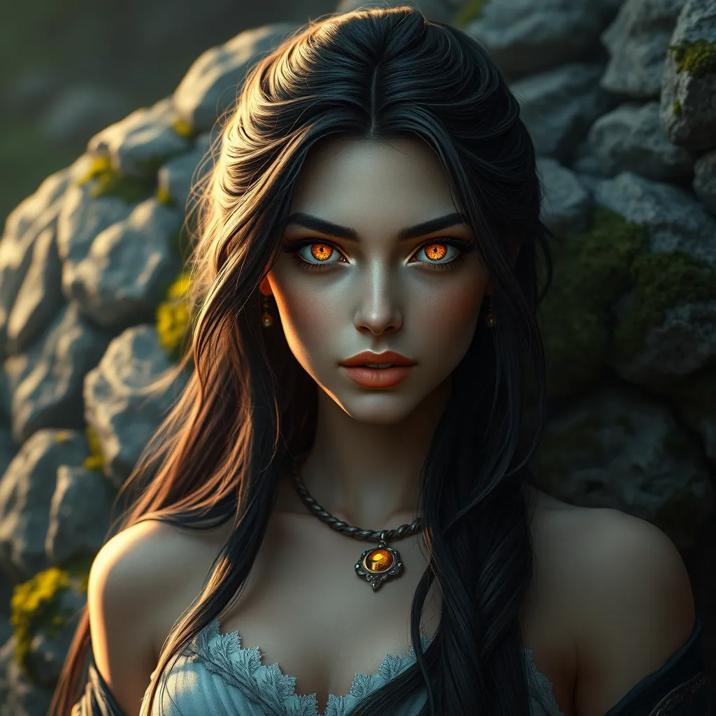 An ultra-realistic digital portrait of Irelia, her eyes shimmering with an inner fire, set against a backdrop of ancient, moss-covered stones, symbolizing her connection to the earth and resilience.