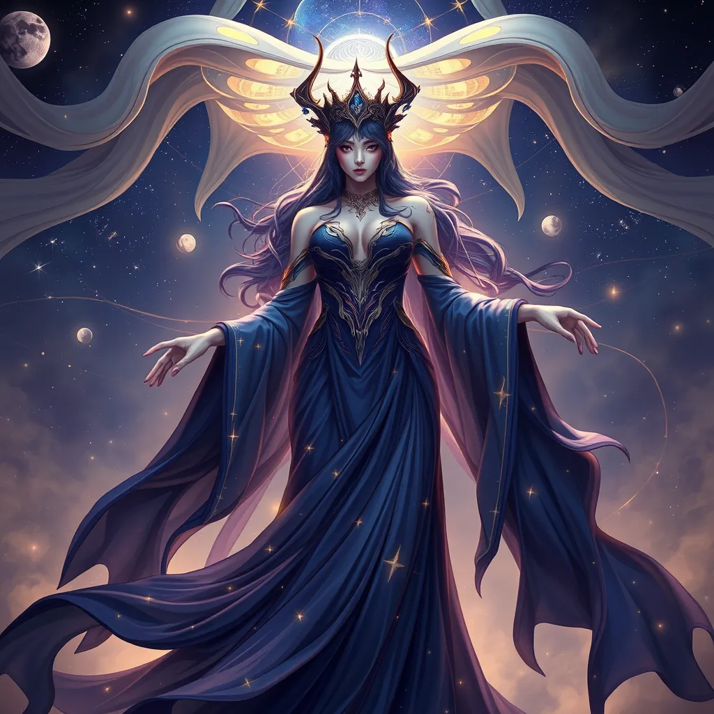 An enchanting Ahri, her form draped in a flowing, ethereal gown of midnight blue, adorned with stars and moons, standing beneath a celestial canopy, her eyes reflecting the cosmos, embodying cosmic allure.