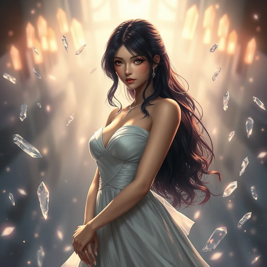 Tifa Lockhart in a classic, elegant dress, surrounded by floating crystals and soft, ethereal light, her expression calm and composed, capturing a moment of peace and reflection