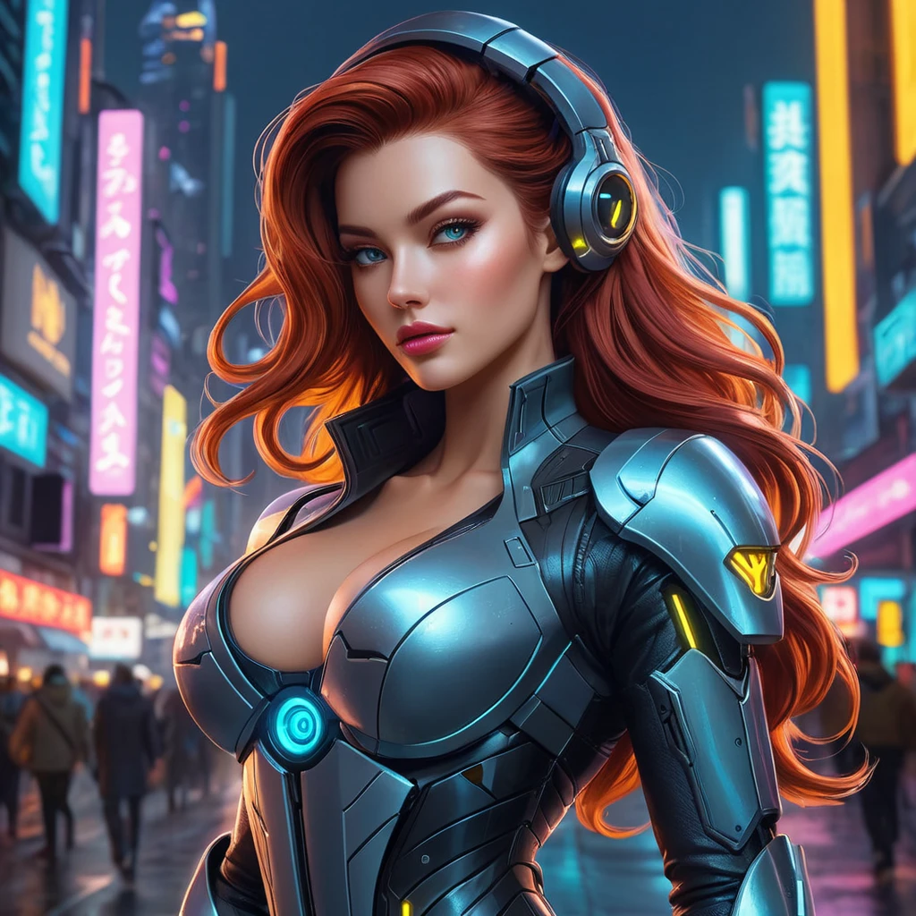 Miss Fortune in a futuristic, cyberpunk cityscape, neon lights reflecting off her cybernetic enhancements, her classic attire fused with high-tech elements, emphasizing her as a symbol of strength and adaptability in a changing world.