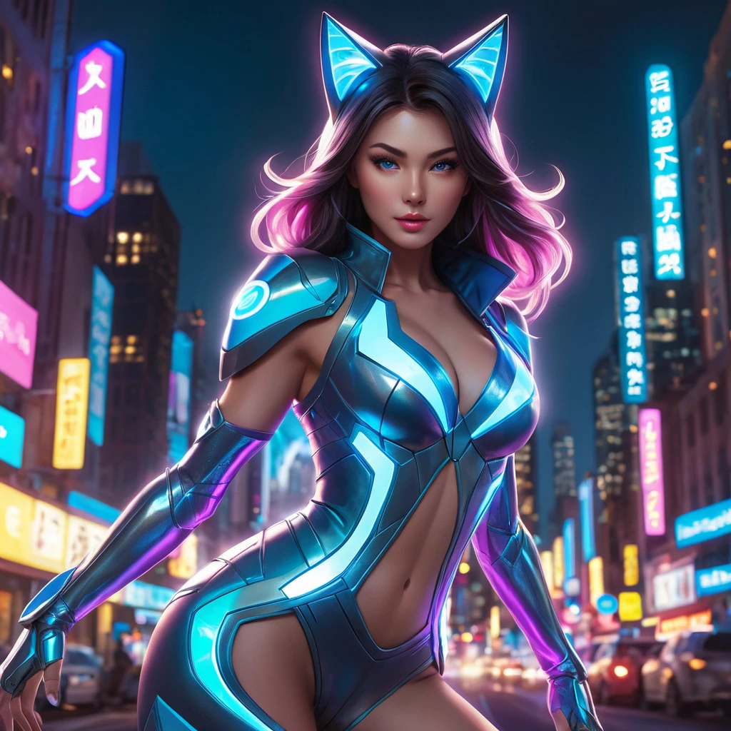 Ahri, styled in a futuristic, holographic outfit, her form dynamically posed against a backdrop of a bustling, neon-lit city at night, her eyes glowing with a captivating, otherworldly light, showcasing her dynamic and alluring persona.