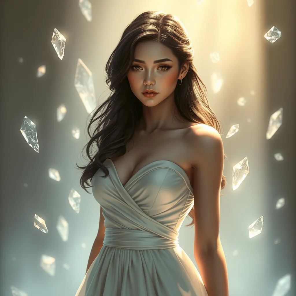 Tifa Lockhart in a classic, elegant dress, surrounded by floating crystals and soft, ethereal light, her expression calm and composed, capturing a moment of peace and reflection