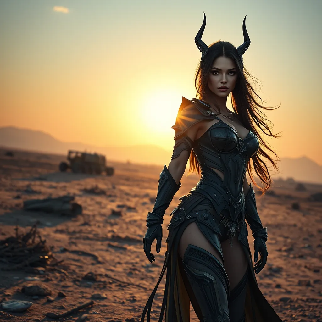 A captivating Ahri, her body wrapped in intricate, black leather armor, detailed with silver accents, standing in a desolate, post-apocalyptic wasteland, the setting sun casting long shadows that highlight her powerful stance.