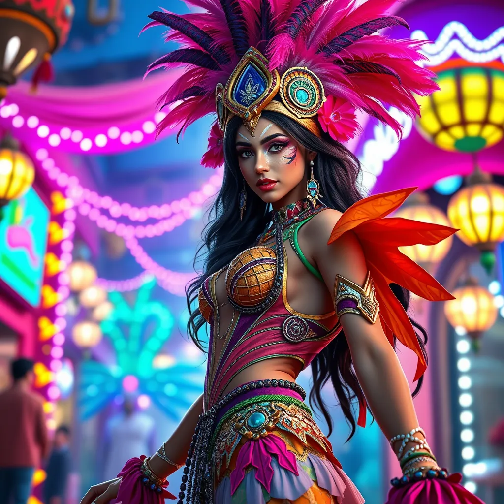 Akali in a vibrant, colorful carnival setting, dressed in a costume that combines elements of her cultural heritage with carnival flair, surrounded by festive lights and decorations.