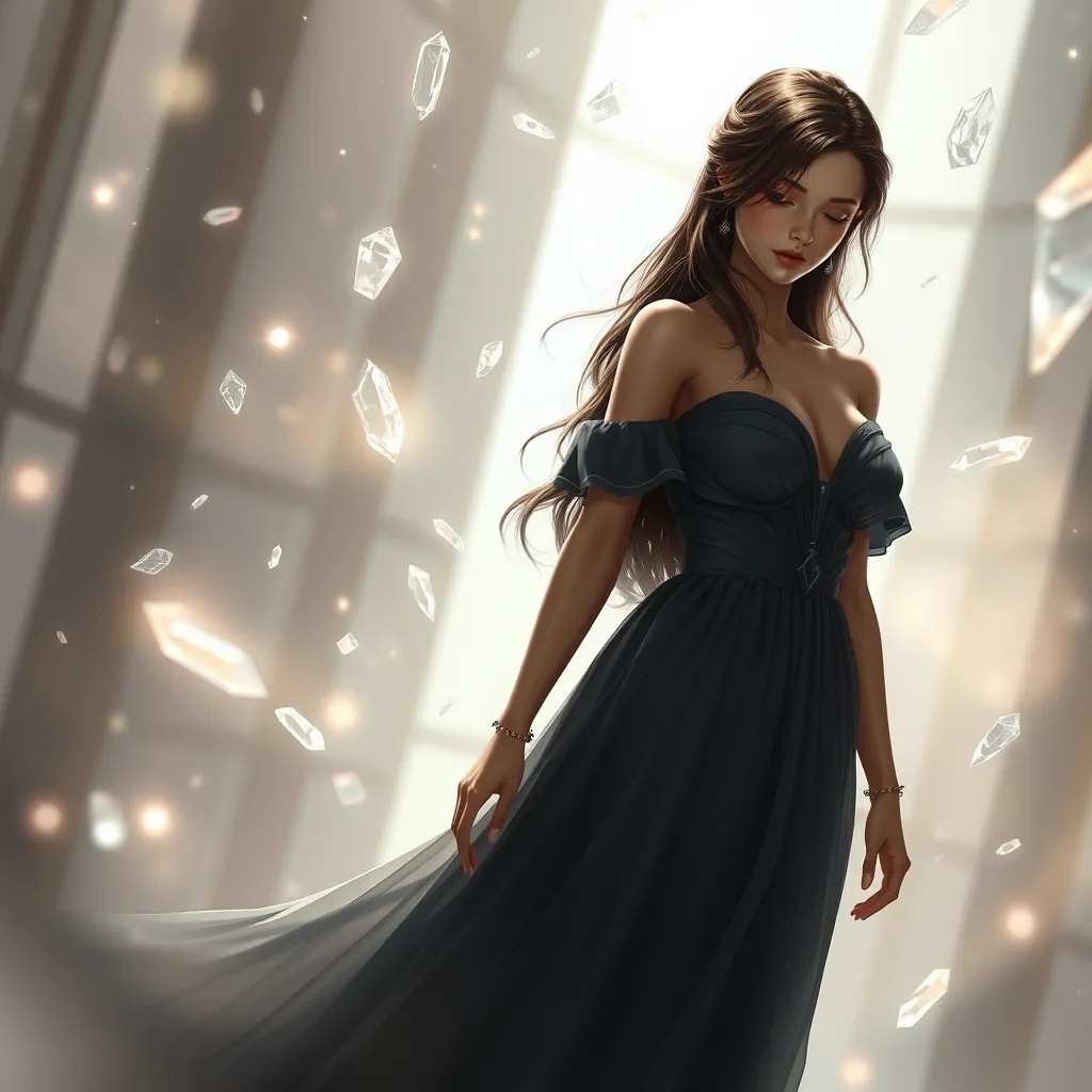 Tifa Lockhart in a classic, elegant dress, surrounded by floating crystals and soft, ethereal light, her expression calm and composed, capturing a moment of peace and reflection