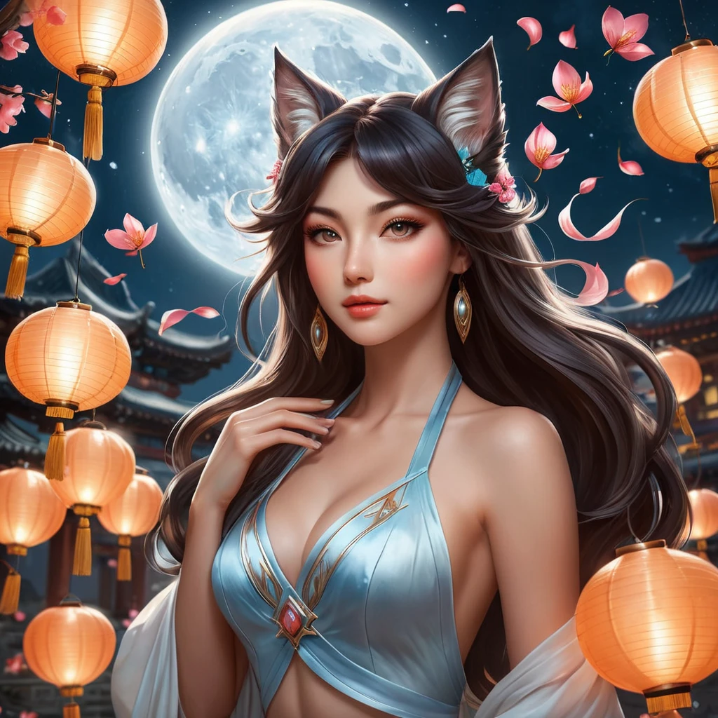 An ethereal Ahri, depicted in a surreal, dream-like setting, surrounded by floating lanterns and cherry petals, her form softly illuminated by a mystical moon, capturing her otherworldly grace.