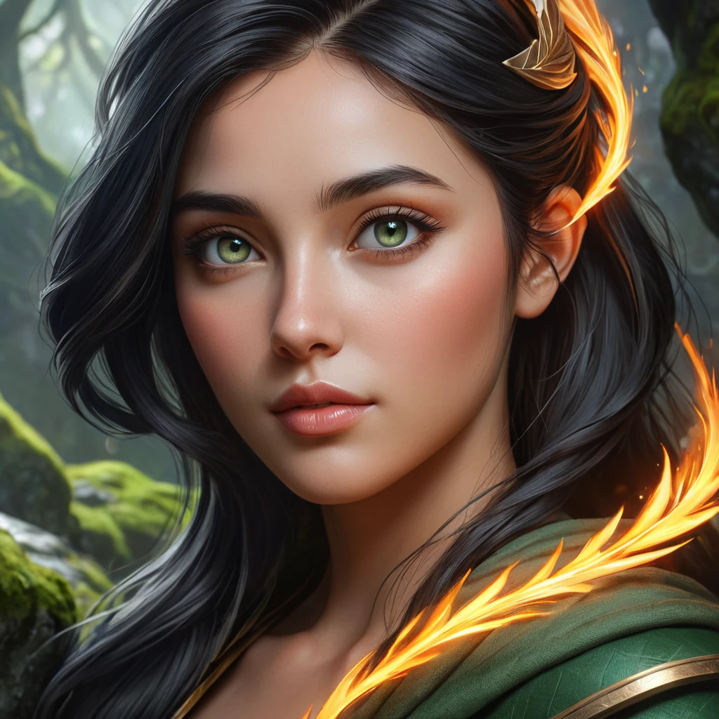 An ultra-realistic digital portrait of Irelia, her eyes shimmering with an inner fire, set against a backdrop of ancient, moss-covered stones, symbolizing her connection to the earth and resilience.