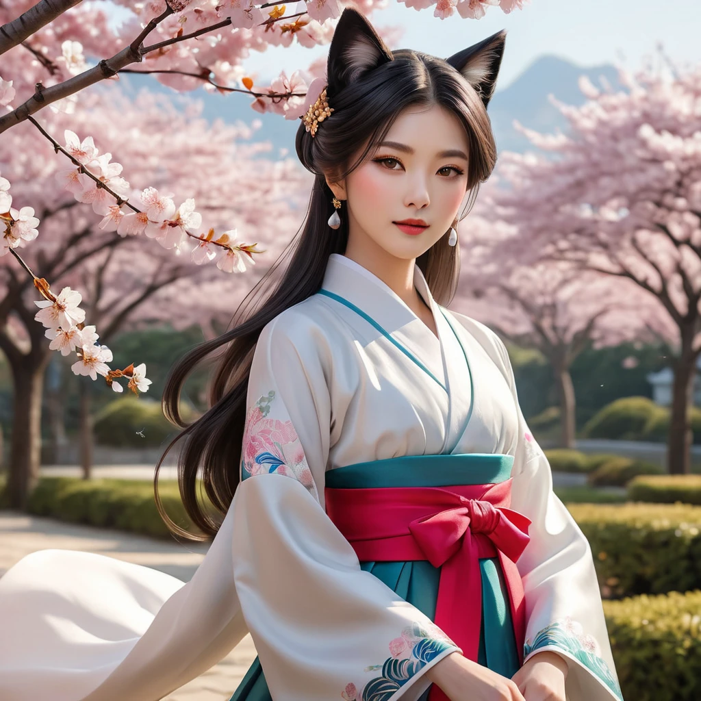 A mesmerizing Ahri, her attire a blend of traditional Korean hanbok and modern elegance, standing in a serene garden of cherry blossoms, the wind gently stirring her garments, enhancing her graceful and alluring presence.