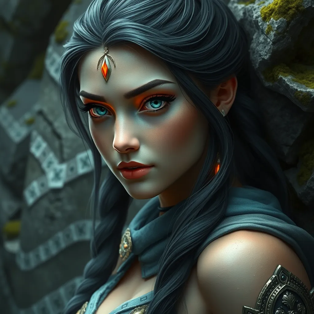 An ultra-realistic digital portrait of Irelia, her eyes shimmering with an inner fire, set against a backdrop of ancient, moss-covered stones, symbolizing her connection to the earth and resilience.