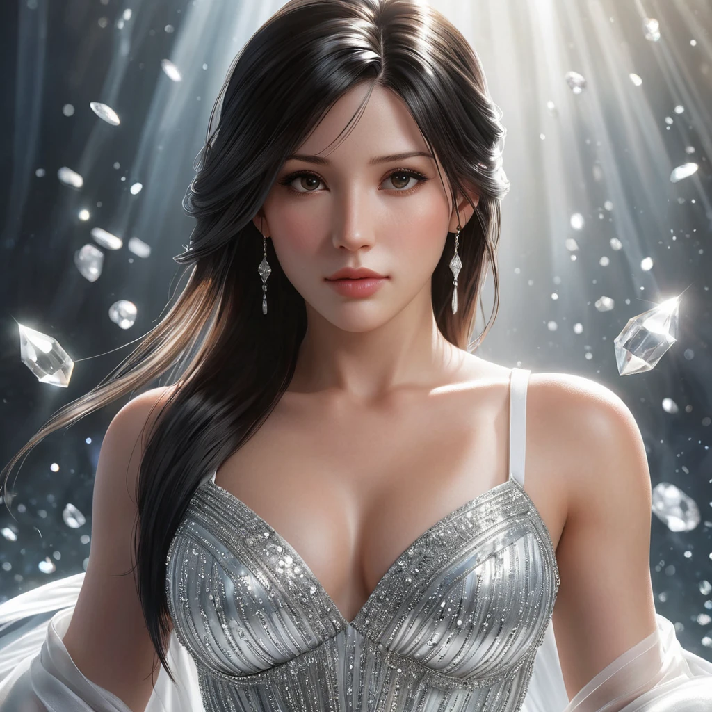 Tifa Lockhart in a classic, elegant dress, surrounded by floating crystals and soft, ethereal light, her expression calm and composed, capturing a moment of peace and reflection