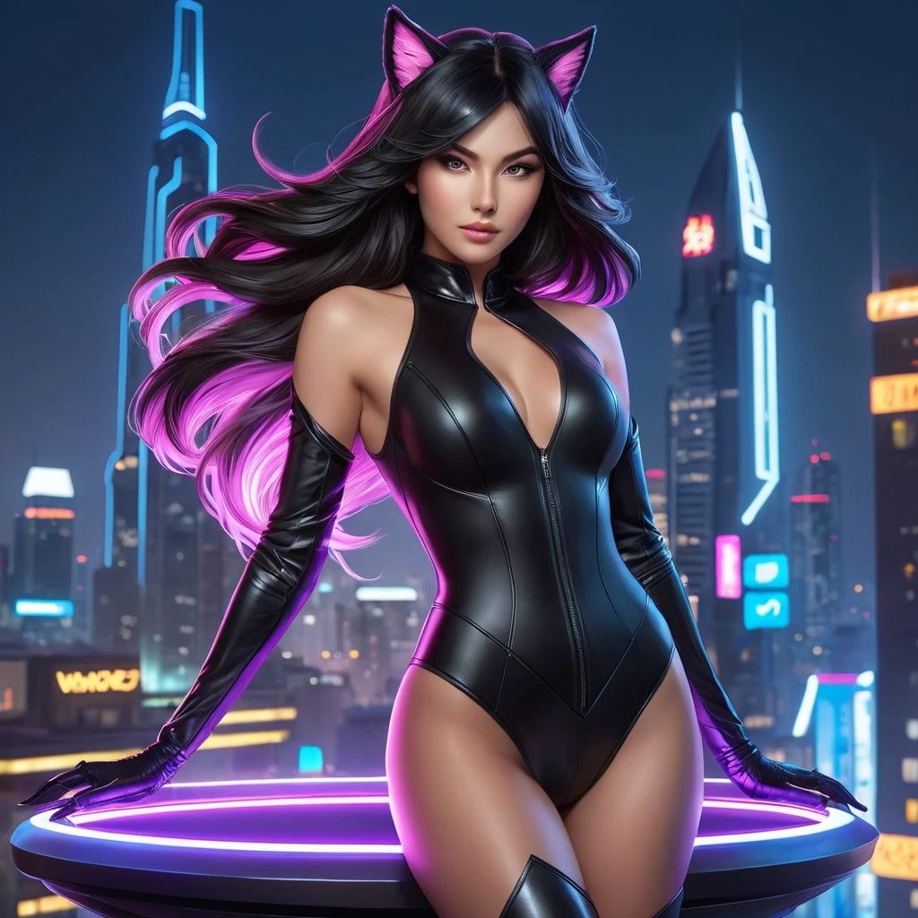 Ahri, dressed in a seductive black leather bodysuit, her tails flowing elegantly behind her, posed atop a high-tech, neon-lit platform in a futuristic cityscape, capturing her dominance and elegance.