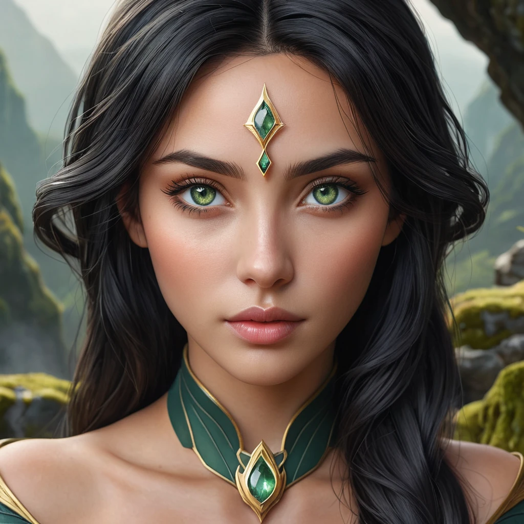 An ultra-realistic digital portrait of Irelia, her eyes shimmering with an inner fire, set against a backdrop of ancient, moss-covered stones, symbolizing her connection to the earth and resilience.