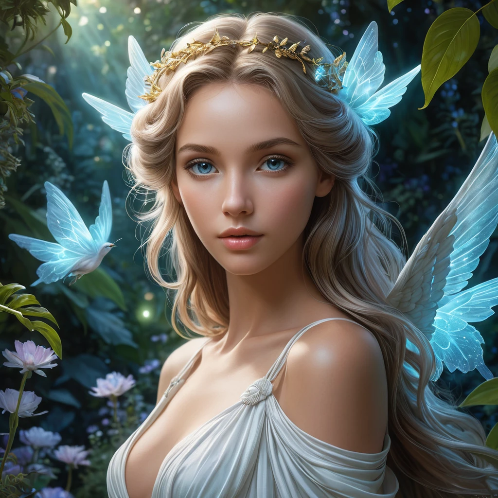 Seraphine, the angelic muse, depicted in a tranquil garden where bioluminescent plants illuminate her ethereal beauty, her eyes reflecting the cosmos, Stable Diffusion SDXL