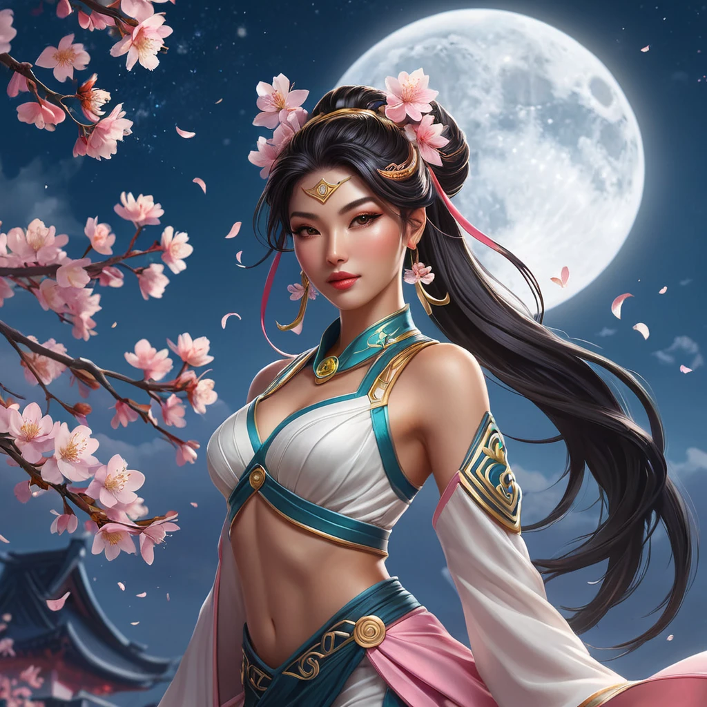 An ethereal Akali, surrounded by a halo of cherry blossom petals, her outfit a blend of traditional and modern styles, set against a twilight sky with a full moon.