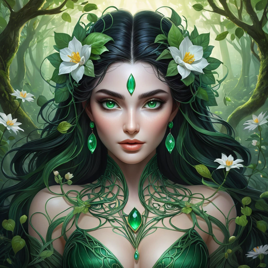 A majestic Morgana, her body composed of interwoven vines and blooming night-blooming flowers, floats above a misty forest floor, her eyes a luminous green, captured in a vibrant, fantasy illustration style.