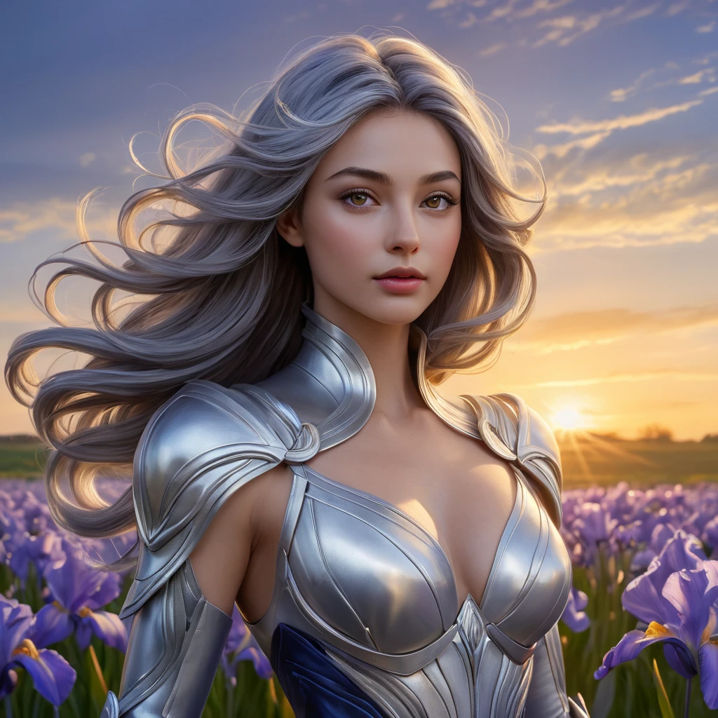 A stunning Irelia, with her hair flowing like liquid silver under a twilight sky, standing amidst a field of luminescent irises that glow with a soft, otherworldly light, emphasizing her ethereal beauty.