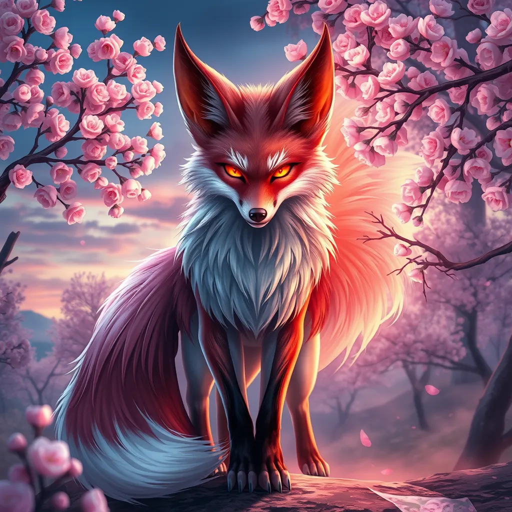 A stunning Ahri, the Nine-Tailed Fox, rendered in a hyper-realistic style with intricate fur details and vibrant, glowing eyes, standing amidst a serene cherry blossom grove under a twilight sky.