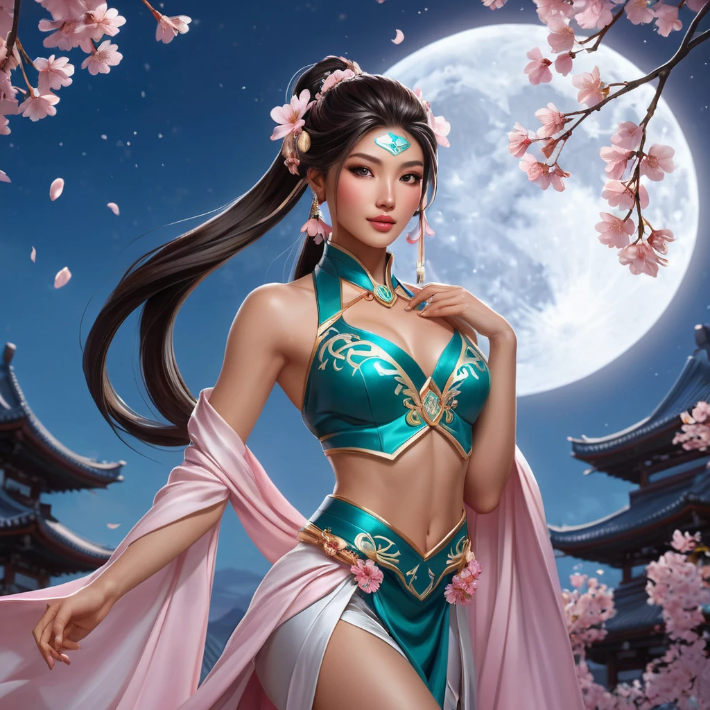 An ethereal Akali, surrounded by a halo of cherry blossom petals, her outfit a blend of traditional and modern styles, set against a twilight sky with a full moon.