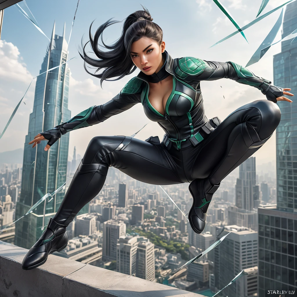 An action-ready Akali, leaping through the air in a black leather combat suit, with a cityscape skyline visible through a shattered glass window behind her.