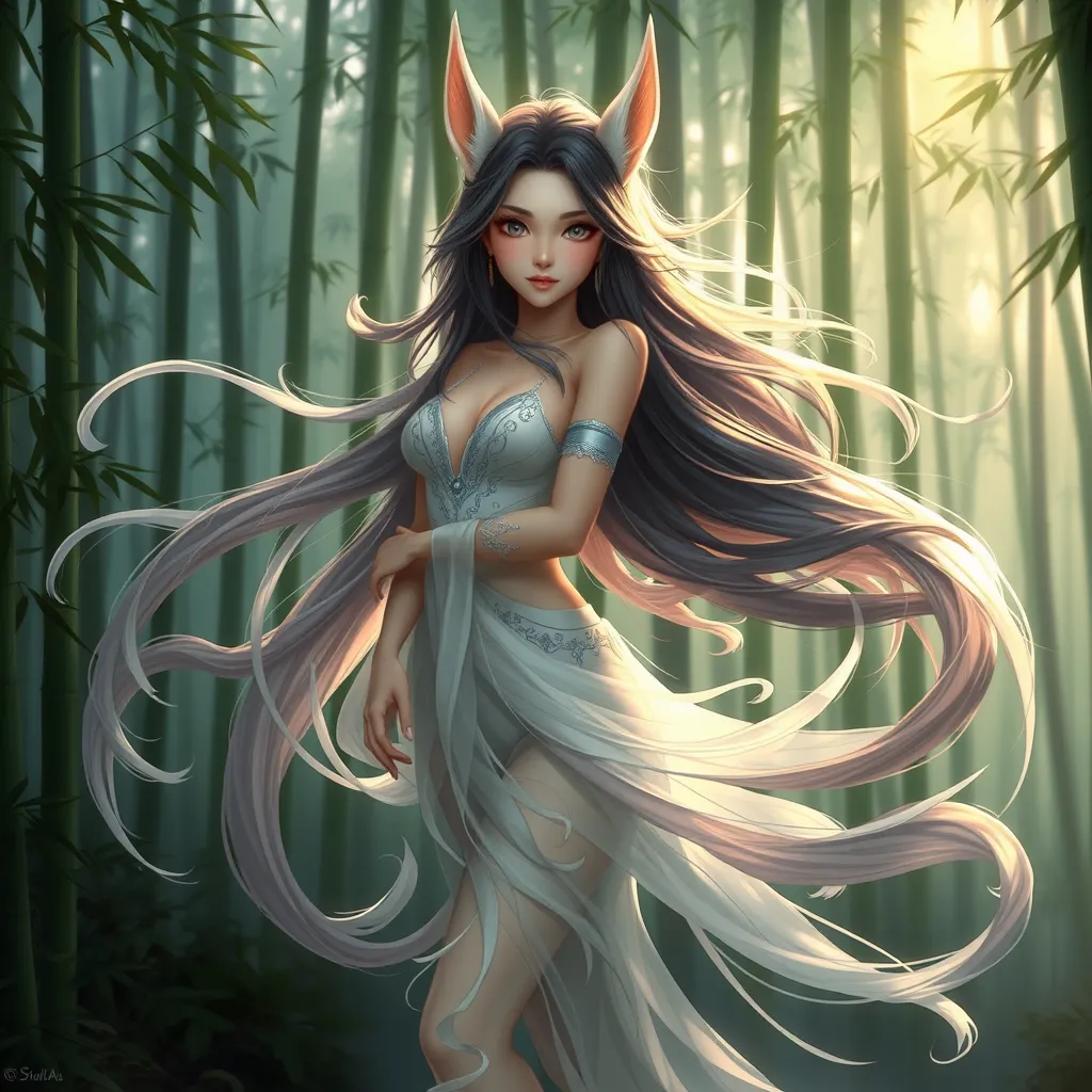 Ahri, portrayed in a playful style, with flowing, translucent tails and a gentle, serene expression, standing in a tranquil bamboo forest at dawn, the soft light enhancing her delicate features.