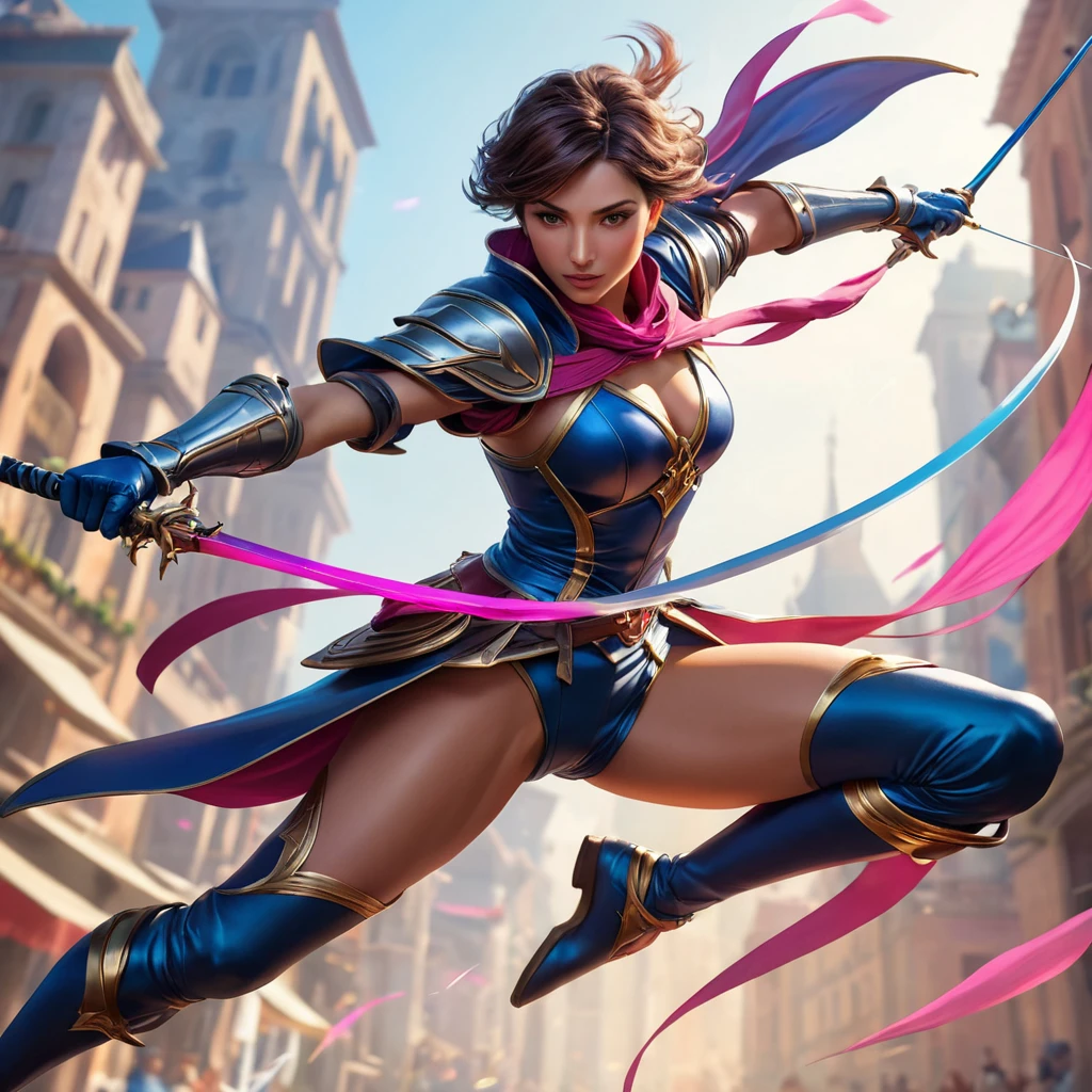 An action shot of Fiora, mid-combat, leaping through the air with her rapier poised to strike, the background a blur of vibrant colors symbolizing her dynamic movements, digital illustration