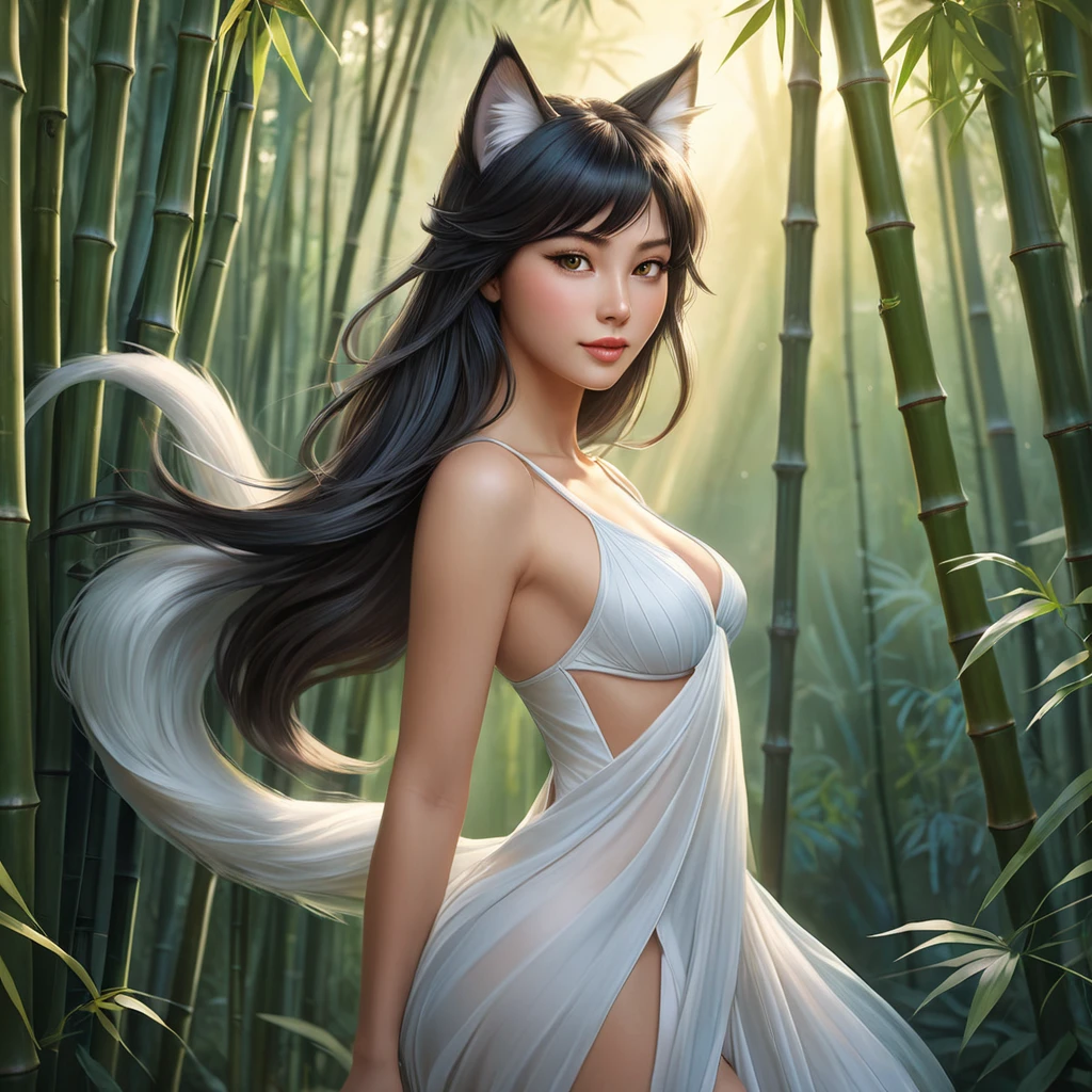 Ahri, in a playful style with flowing, translucent tails and a gentle, serene expression, standing in a tranquil bamboo forest at dawn, the soft light enhancing her delicate features.