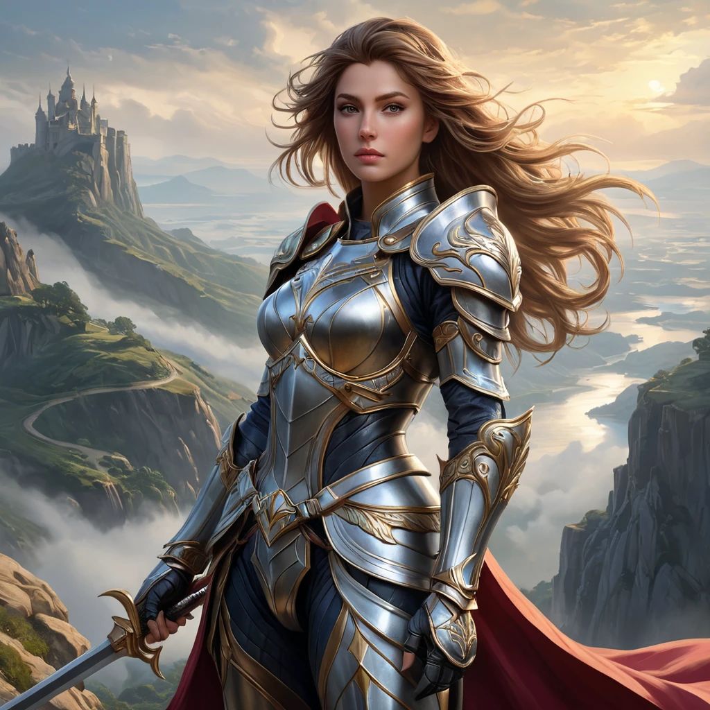 Fiora, the valiant knight, stands atop a cliff overlooking a vast, misty landscape, her armor adorned with intricate designs, the wind gently blowing her hair, captured in a realistic painting style