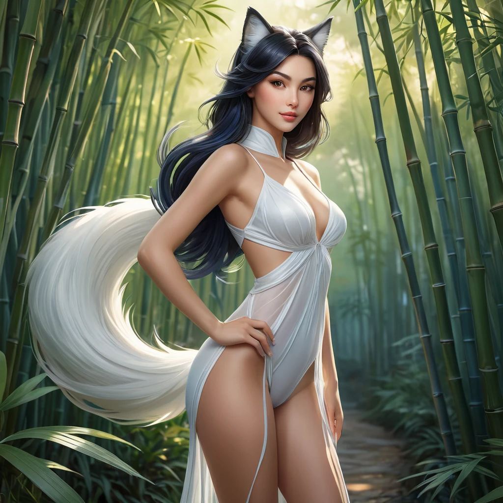 Ahri, in a playful style with flowing, translucent tails and a gentle, serene expression, standing in a tranquil bamboo forest at dawn, the soft light enhancing her delicate features.