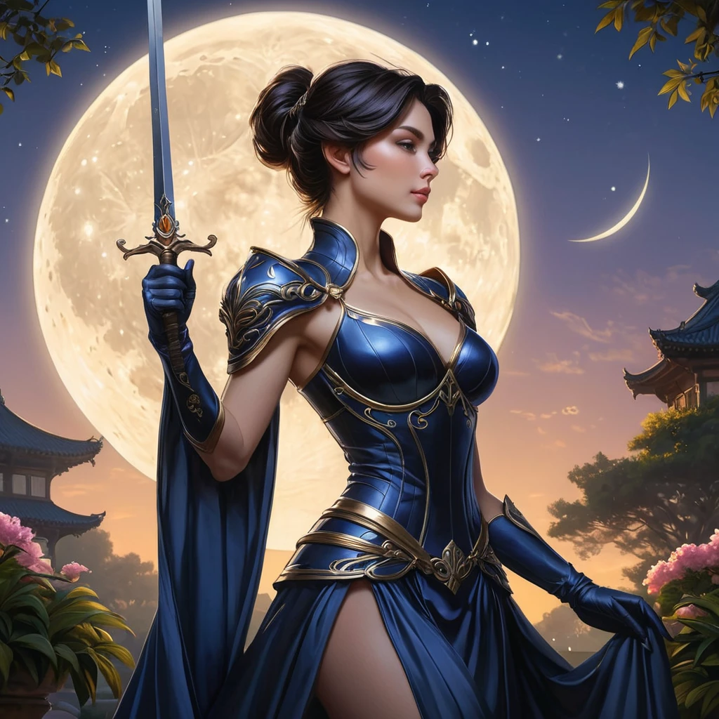 Fiora, the epitome of elegance, is depicted in a serene garden at twilight, her silhouette outlined against the moon, her sword reflecting the soft glow, creating a mystical atmosphere