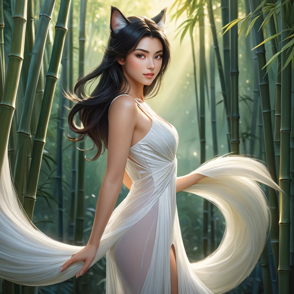 Ahri, in a playful style with flowing, translucent tails and a gentle, serene expression, standing in a tranquil bamboo forest at dawn, the soft light enhancing her delicate features.